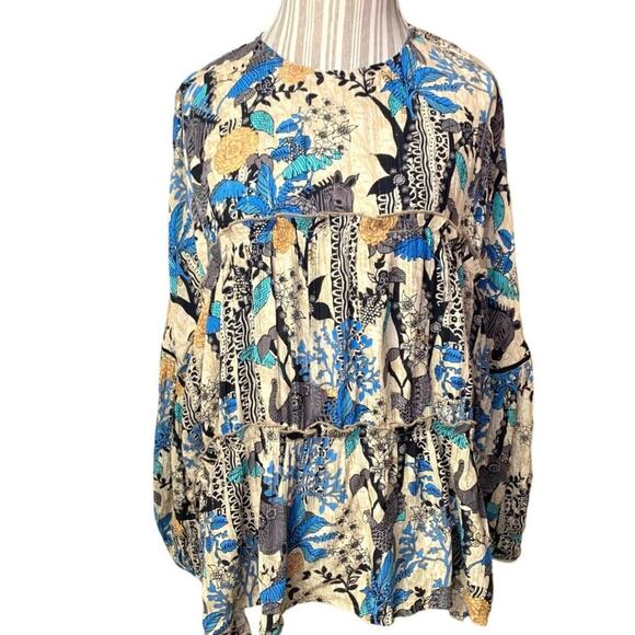 NWT Anthro Raga Top Sz Small Safari Sunrise Ruffle Oversize Tiered Jungle Animal - Picture 1 of 8